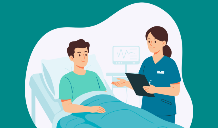 Visuel avec une patiente au chevet d'un patient assis sur son lit d'hôpital et souriant avec texte "Votre expérience : Notre plus belle reconnaissance"