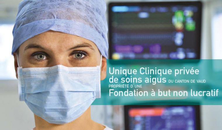 visage d'une infirmière du bloc opératoire - texte informant que la Clinique de La Source est l'unique Clinique privée de soins aigus pluridisciplinaires du canton de Vaud appartenant à une fondation à but non lucratif