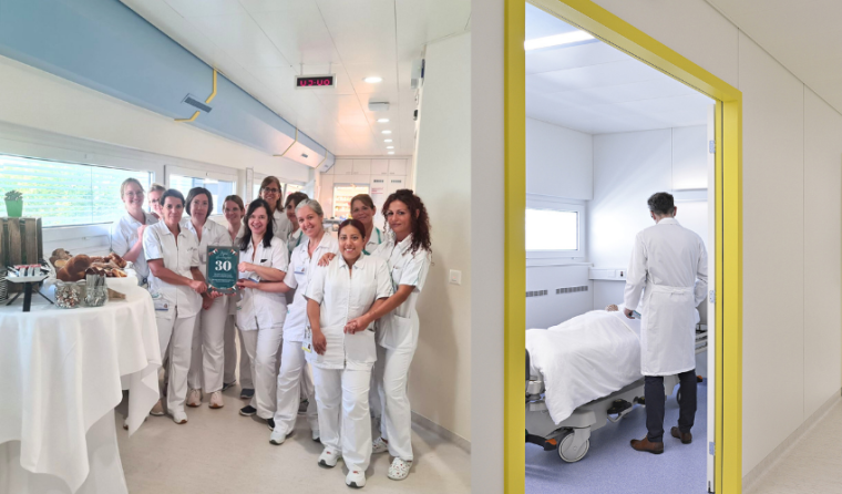 Équipe du Centre ambulatoire à côté d'un petit-déjeuner offert + médecin auprès d'un patient dans une chambre du Centre ambulatoire