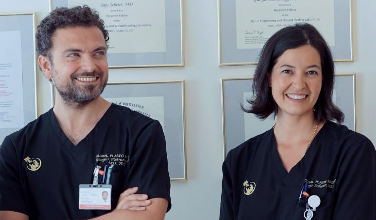 Photo portrait du Dr Giorgio Pietramaggiori et de la Dre Saja Scherer, Spécialistes en chirurgie des nerfs périphériques à la Clinique de La Source 
